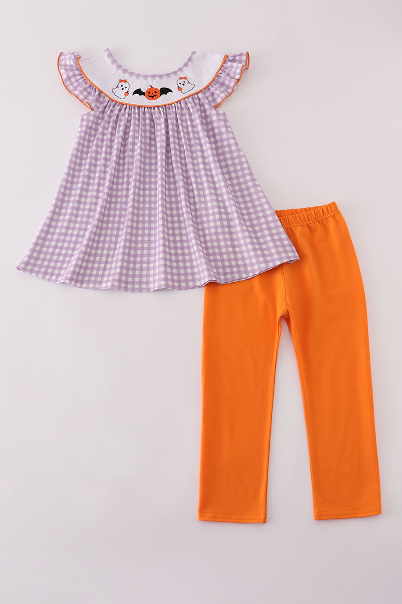 Purple Halloween Pumpkin Ghost Embroidery Pants Set