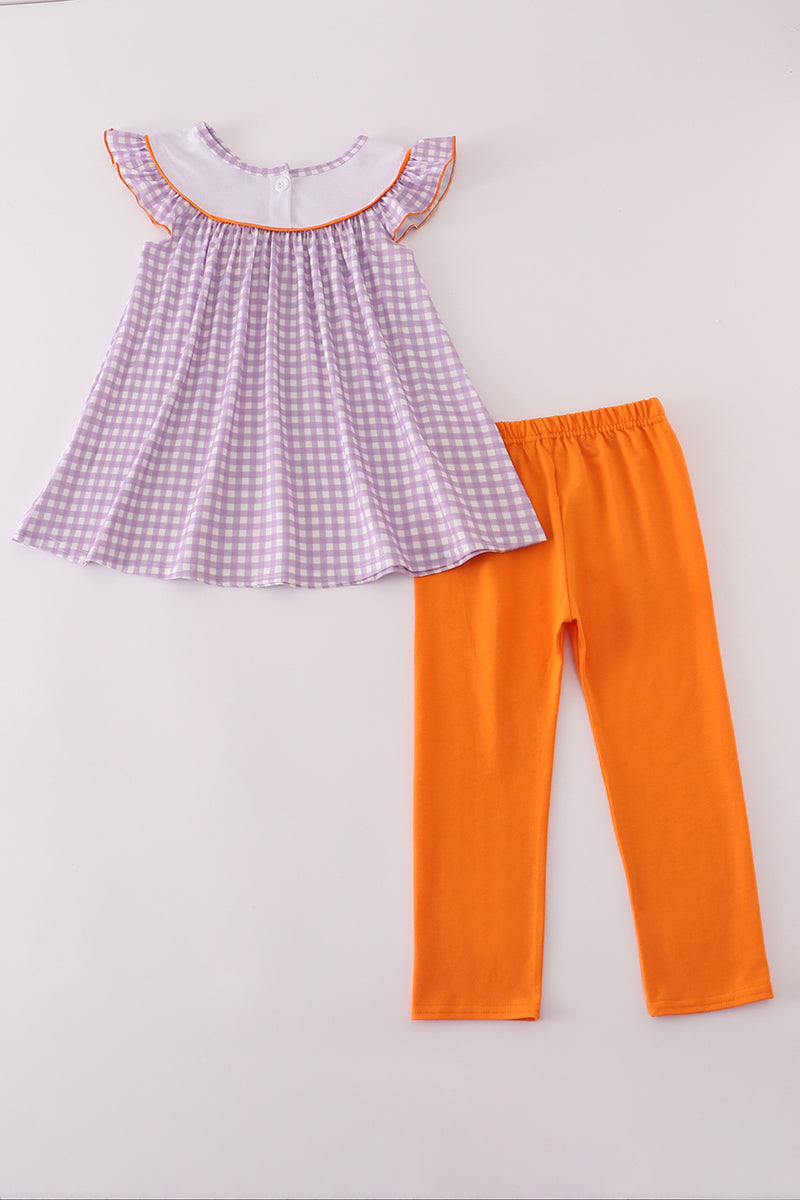 Purple Halloween Pumpkin Ghost Embroidery Pants Set