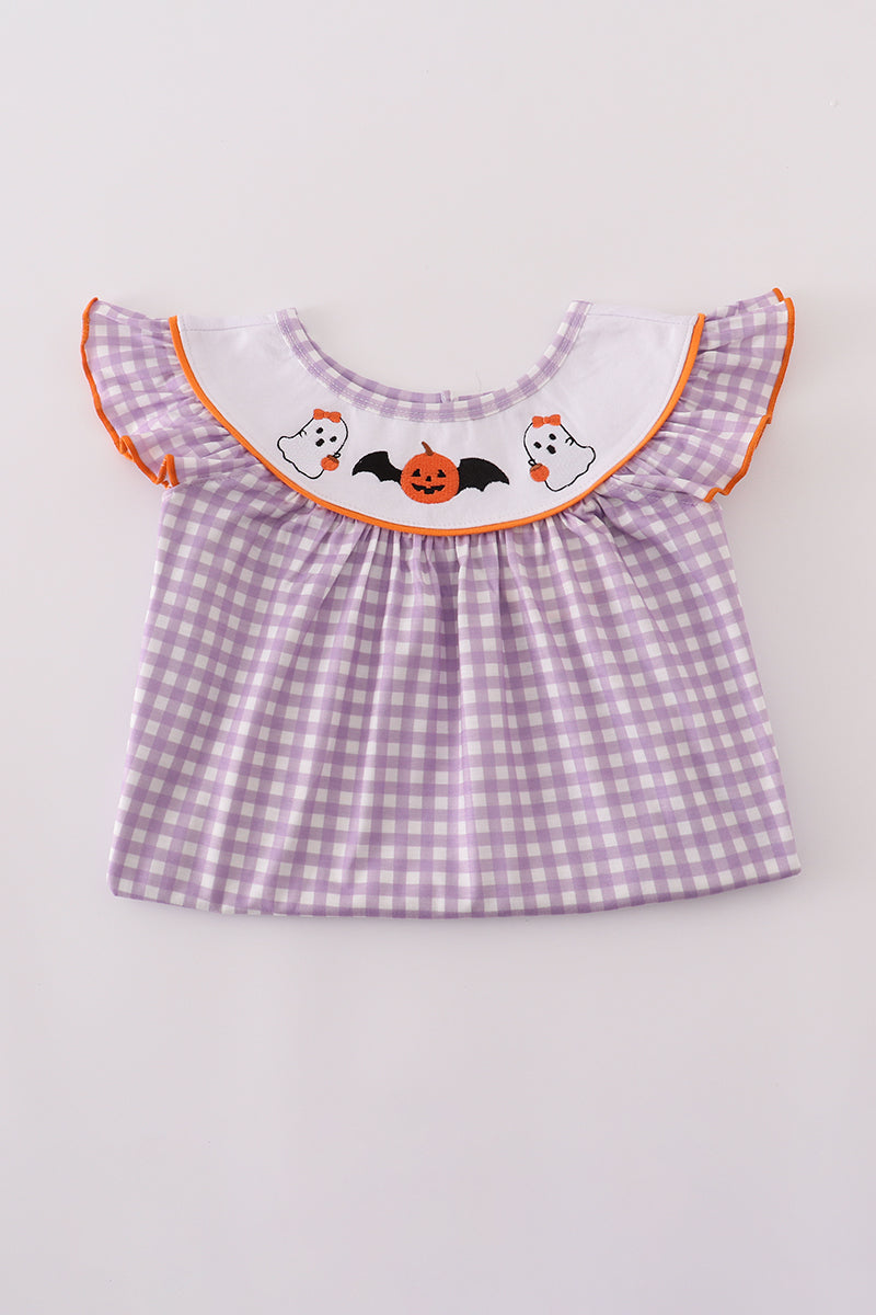 Purple Halloween Pumpkin Ghost Embroidery Pants Set