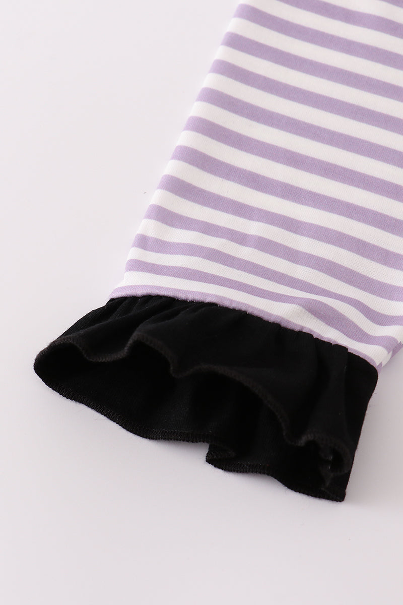 Purple Halloween Spider Embroidery Stripe Pants Set