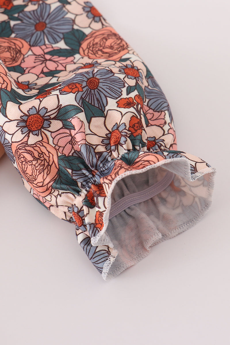 Fall Floral Print Pumpkin Embroidery Bubble