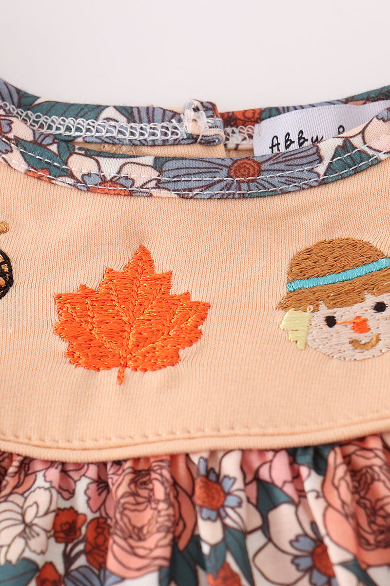 Fall Floral Print Pumpkin Embroidery Bloomer Set