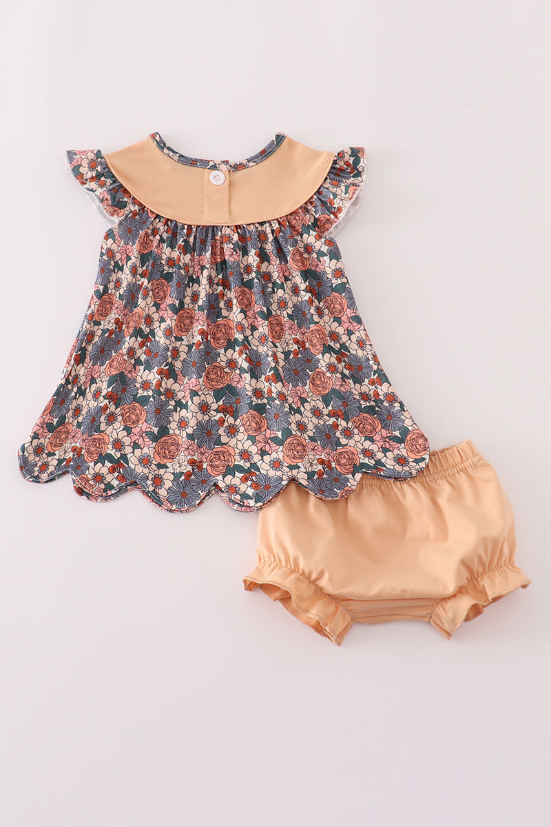Fall Floral Print Pumpkin Embroidery Bloomer Set