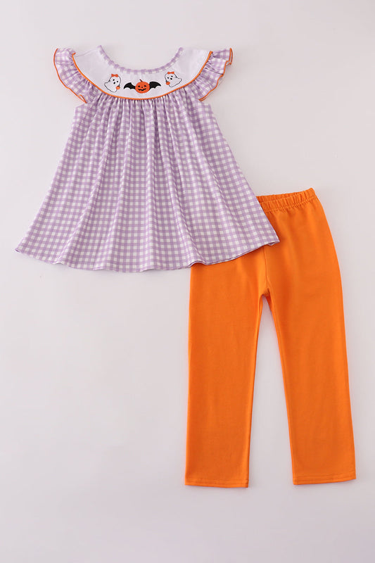 Purple Halloween Pumpkin Ghost Embroidery Pants Set