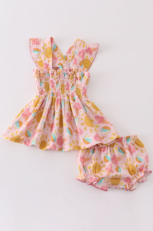 Premium Pink Muslin Organic Ice Cream Smocked Baby Set