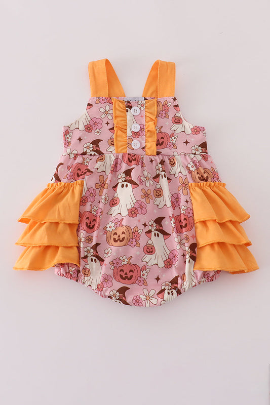 Pink Pumpkin Ghost Print Ruffle Bubble