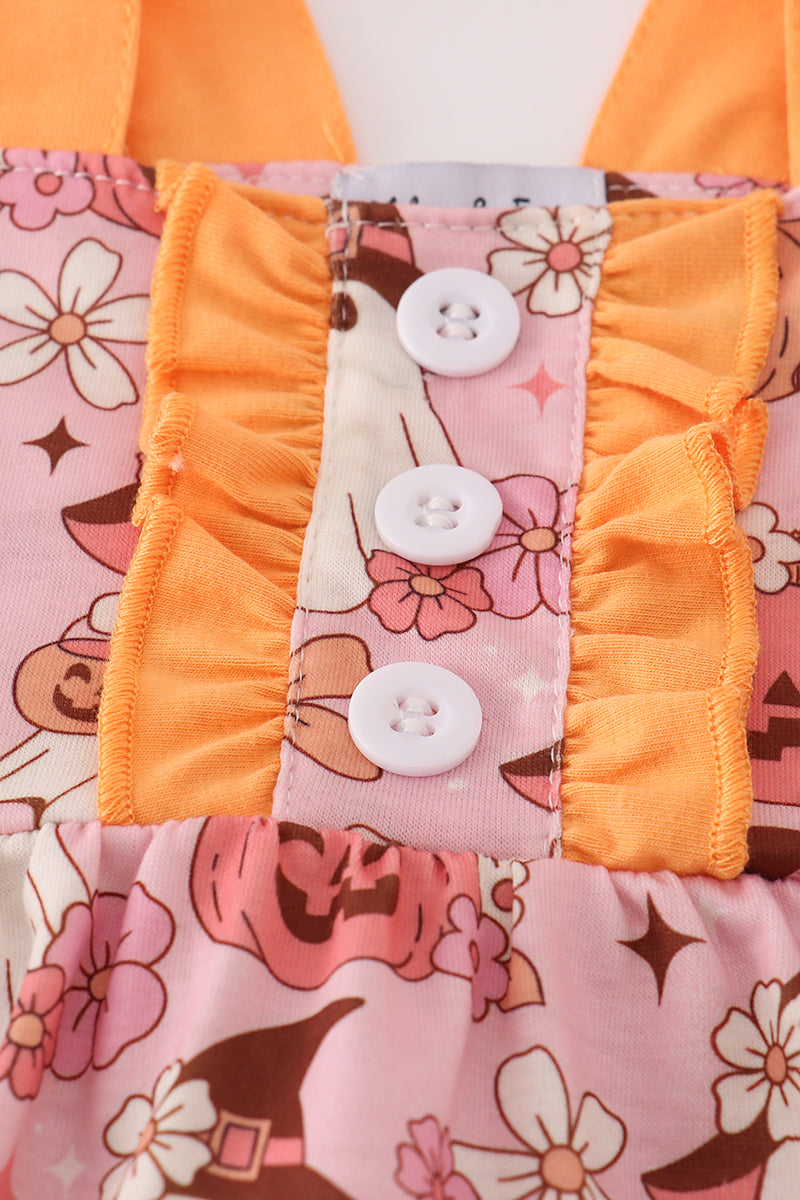 Pink Pumpkin Ghost Print Ruffle Bubble