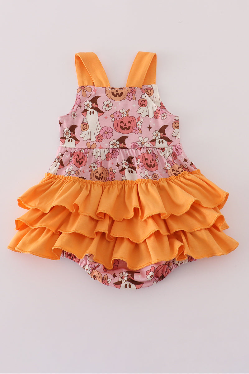 Pink Pumpkin Ghost Print Ruffle Bubble