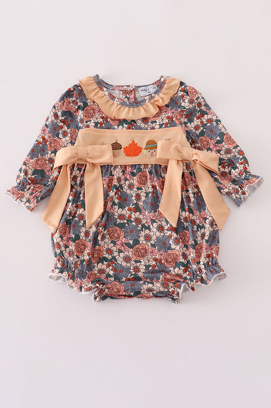 Fall Floral Print Pumpkin Embroidery Bubble