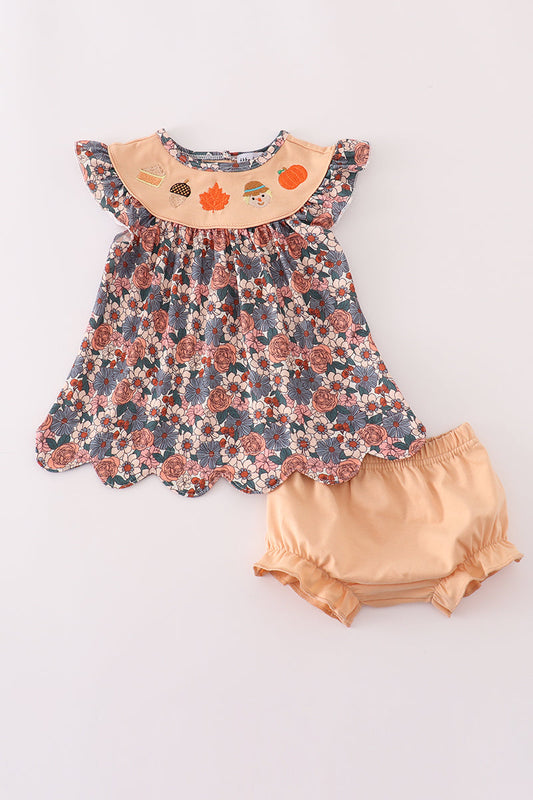 Fall Floral Print Pumpkin Embroidery Bloomer Set