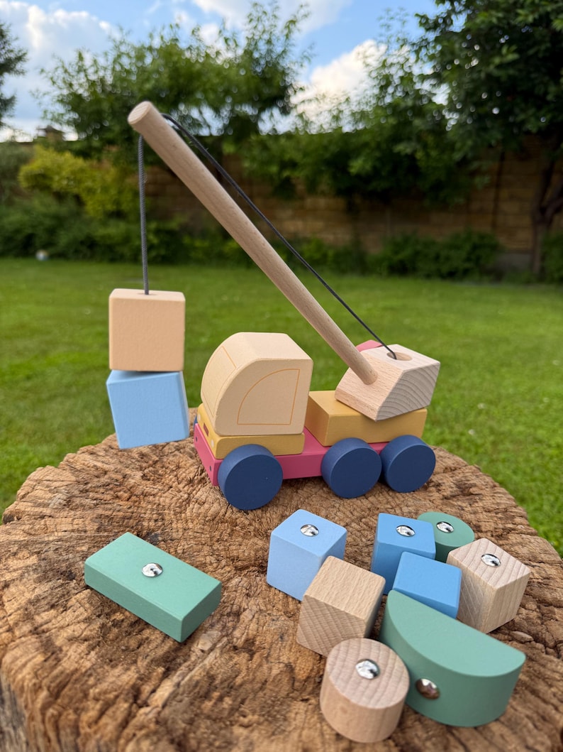 Wooden Baby Toy - Crane Truck with Magnetic Blocks