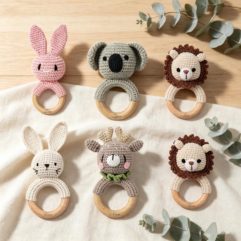 Wooden Baby Toy - Engraved Animal Rattle Random Color