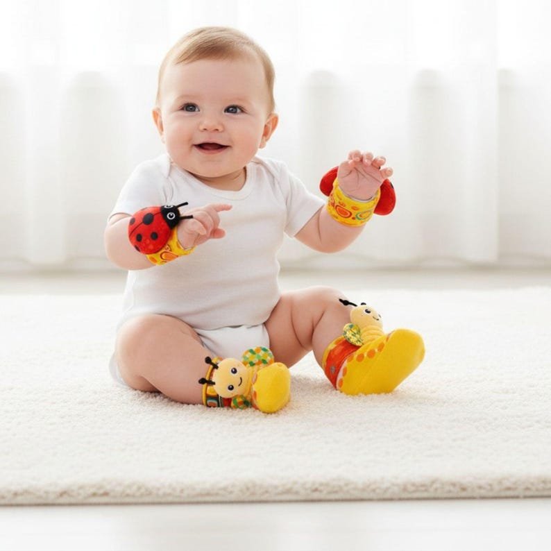 Soft Baby Toy - Baby Sensory Wrist and Foot Rattles Set