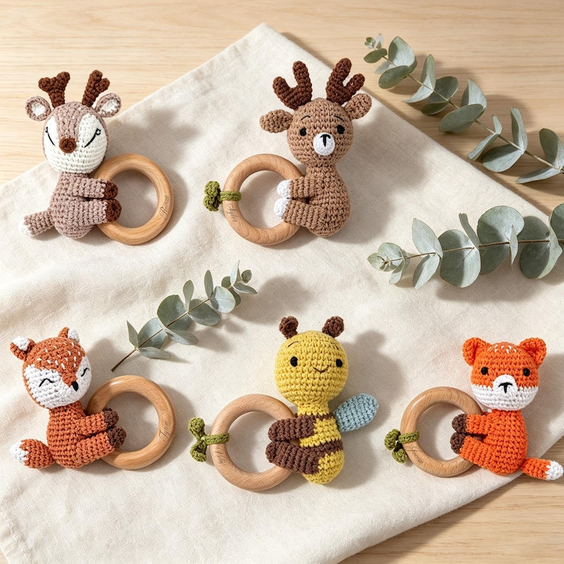 Wooden Baby Toy - Engraved Animal Rattle Random Color